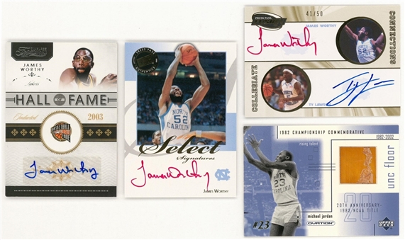 2001-2010 Michael Jordan and James Worthy UNC Signed and Game Used Card Quartet (4 Different)